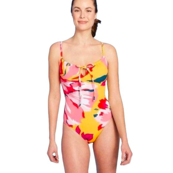Kona Sol Womens One-piece Swimsuit Size Small Yellow Pink Floral Lightly Padded - Picture 1 of 16